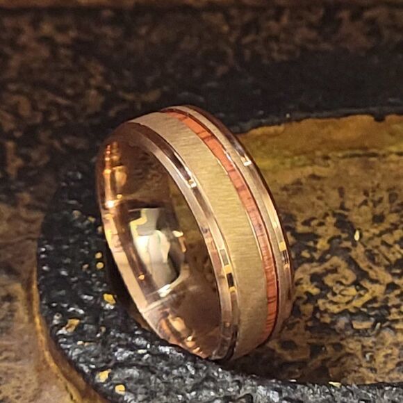 Men's Promise Ring Surgical Steel With Rose Gold Coating and Wood inlay - Picture 4 of 7
